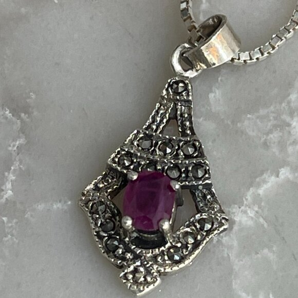 Vtg. Solid 925 Marcasite Pendant w Natural Ruby on a Solid Sterling Box Chain - Picture 9 of 16